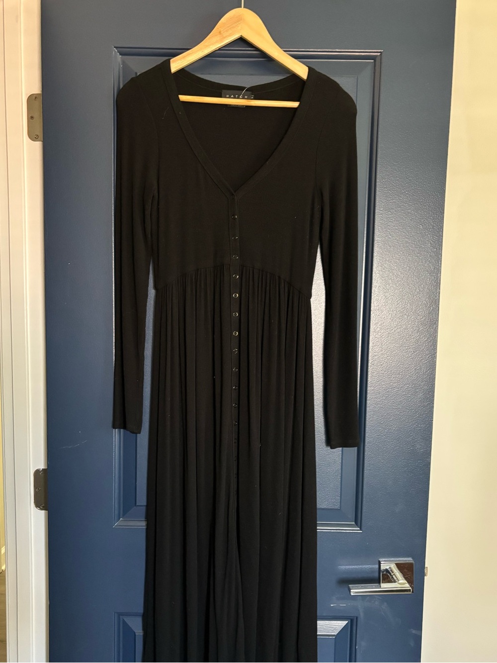 Hatch Black Long-Sleeve V-Neck Button-Front Maxi Dress
